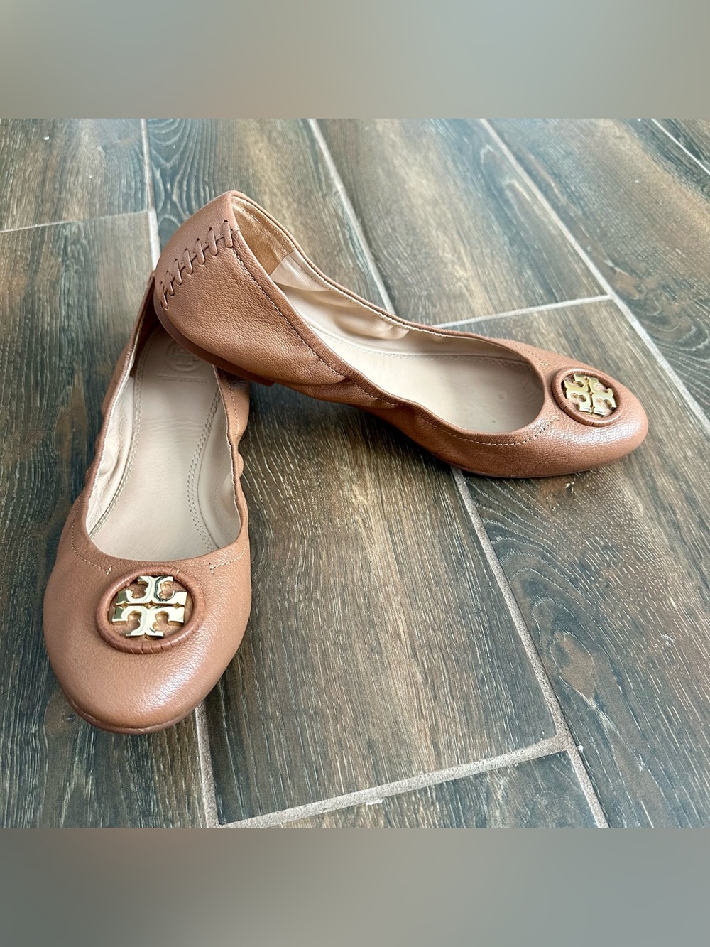 Tory Burch Minnie Leather Travel Foldable Ballet Flats Tan Gold 11